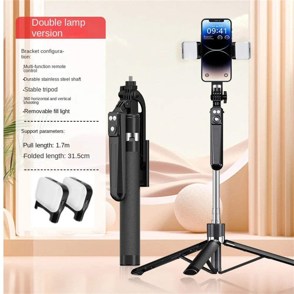 Roreta 360° rotation 1.7M Selfie Stick Wireless Stand with Light Bluetooth Remote Extendable Tripod for iPhone Live Streaming